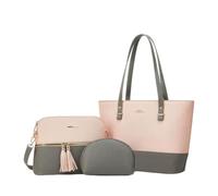 CORIOS PU Cuero Bolso de Mano Mujer Bolso de Hombro 3pcs Set Bolso Bandolera con Flecos Gran Capacidad Bolso Shopper Elegante Bolso Cruzado la Vida Diaria Trabajo Compras Viaje Tote Rosa y Gris