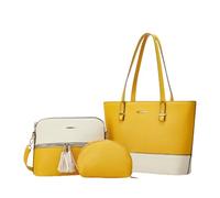 CORIOS PU Cuero Bolso de Mano Mujer Bolso de Hombro 3pcs Set Bolso Bandolera con Flecos Gran Capacidad Bolso Shopper Elegante Bolso Cruzado la Vida Diaria Trabajo Compras Viaje Tote Blanco y Amarillo