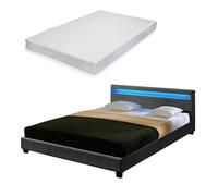 Corium cama doble skagen tapizada en tela con led y colchón 140x200cm gris oscuro [neu.haus]