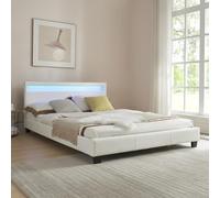 Corium Cama Elegante de Matrimonio tapizada en Piel sintética - con Sistema de iluminación LED - 140x200cm (Blanco) - diseño Moderno