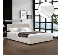 Corium Cama Tapizada Juva con Colchón y Espacio de Almacenamiento Somier Abatible Cama Doble con Cabecero Tapizado en Pana 160 x 200 cm - Beige
