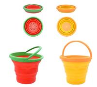 Coriver Cubo Playa Plegable,2 Piezas Cubo de Silicona con Diseño de Frutas y Asa, Portátil Pail de Agua, Cubos de Playa para Niños al Aire Libre, Cubeta Plegable para Exteriores (1. Rojo + Naranja)