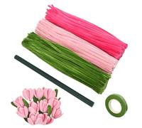 Coriver Kit de 300 piezas de limpiadores de tuberías con tallos de chenilla, 3 colores (rosa/verde) + cinta de flores y 30 tallos, ramos de flores de bricolaje, decoraciones de Navidad, suministros de