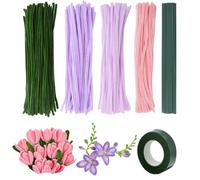 Coriver Limpiadores de tuberías de flores para manualidades, limpiador de tuberías largo para tulipán, 4 colores, tallos de chenilla verde, limpiadores de tuberías, limpiador rosa a granel para