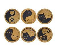 Cork Coasters for Drinks - 6 Pieces Cat Pattern Tea Cup Mats, 10cm Anti-scalding and Heat Insulation Round Animal Coasters, Natural Wood Drink Pads for Home Desk Table Decor Plate Guest Serving