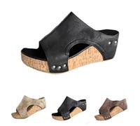 Cork Wedges Platform Slides, Women's Thick Sole Comfy Leather Wedge Non-slip Sandals, Summer Platform Cork Wedge (Black,43)