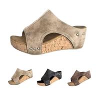 Cork Wedges Platform Slides, Women's Thick Sole Comfy Leather Wedge Non-slip Sandals, Summer Platform Cork Wedge (Khaki,36)