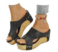 Cork Wedges Platform Slides Women's Thick Sole Comfy Leather Wedge Non-slip Summer Sandals (Black,40)