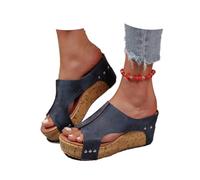 Cork Wedges Platform Slides Women's Thick Sole Comfy Leather Wedge Non-slip Summer Sandals (Blue,40)
