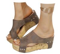 Cork Wedges Platform Slides Women's Thick Sole Comfy Leather Wedge Non-slip Summer Sandals (Brown,40)