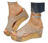 Cork Wedges Platform Slides Women's Thick Sole Comfy Leather Wedge Non-slip Summer Sandals (Khaki,40)