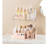 Corkovia Organizador de Maquillaje de 2 Niveles, Almacenaje Cosméticos Multifuncional Giratorio de 360°, Makeup Organizer para Pinceles, Pintalabios, Cremas,Ideal para Baño,Tocador y Escritorio,Rosa
