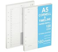 Cornell - Juego de papel de recambio para agenda diaria y notas de calendario A5, insertos de carpeta de 6 anillas, papel grueso de 120 g/m², 160 hojas/320 páginas, toma de notas e inserciones de