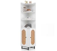 CornerCabinet - Aparador de ratán sintético blanco con 2 puertas, 4 estantes abiertos, almohadillas para pies y armario alto para cocina y sala de estar que ahorra espacio