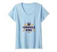 Cornhole King: Campeón de Juego Regal Backyard Camiseta Cuello V, Mujer, Azul Bebé, S