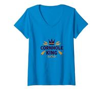 Cornhole King: Campeón de Juego Regal Backyard Camiseta Cuello V, Mujer, Zafiro, L