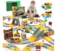 Coroiesty Pista de coches de 3 4 5 6 7 8 años, 264 piezas 5 excavadora juguete pista 2 eléctrico Glow, 3 camiones de construcción, juego de rieles flexibles DIY juegos grúas