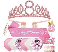 Corona 8 Años Decoración Cumpleaños, Oro Rosa Sash Globos Velas de 8º Primero de la Torta para 8 Años Niña Decoracion
