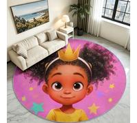 Corona Alfombra Redonda 100 cm Rosa Afro-Chica Estrellas Princesa Dibujos | Alfombra redonda segura para niñas, lavable, pelo corto, antideslizante, suave para habitaciones adolescentes y áreas de