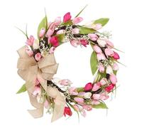 Corona artificial, corona artificial for puerta de entrada, coronas de primavera for puerta de entrada, corona de tulipán rosa artificial de 45 cm hecha a mano for puerta de entrada, corona de verano