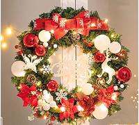 Corona Artificial de 20 x 24 Pulgadas con luz, Bola navideña, piña, Flor, Caja de Regalo y Copo de Nieve. Decoración navideña for Puerta de Entrada, Pared y Ventana.(Red White,24 Inches)