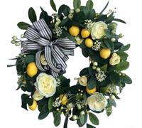 Corona artificial de rosa amarilla y limón, decoración floral de plástico vibrante con hojas tejidas para puerta de pared de oficina en casa, adorno de flores de imitación para bodas y reuniones