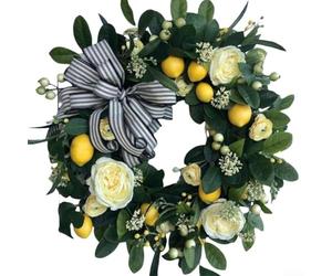Corona artificial de rosa amarilla y limón, decoración floral de plástico vibrante con hojas tejidas para puerta de pared de oficina en casa, adorno de flores de imitación para bodas y reuniones
