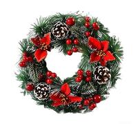 Corona artificial de simulación de Navidad para interiores y exteriores para puerta y ventana, festiva carmesí verde vacaciones con lazo para colgar (C)