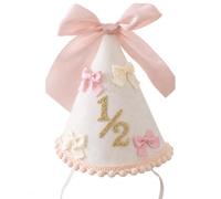 Corona Cumpleaños Bebé 1/2 Fieltro con Lazo Rosa Grande, Mini Lazos, Número Dorado y Borde Pompón, Gorro para Bebé de 6 Meses, Decoración en Fieltro para Cake Smash y Foto Recuerdo Familiar