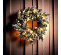 Corona de abeto de arte con 35 LED a pilas, con temporizador, 40 cm, color blanco cálido, iluminada con nieve decorativa, corona de mesa, corona de puerta, corona para Navidad, Adviento e invierno