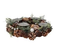 Corona de Adviento de Navidad en Varios materiales con decoración plateada/verde/marrón para velas diámetro 34 cm