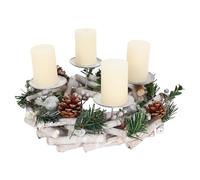 Corona de Adviento HWC-M12, arreglo de Adviento, corona de mesa, decoración navideña para la mesa, corona de madera plateada y blanca de 30 cm de diámetro - con velas