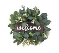 Corona de bienvenida, guirnalda de eucalipto artificial de 12 pulgadas, letrero rústico para colgar en la puerta delantera, decoración de flores de seda para entrada de porche