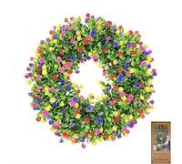 Corona de cabaña colorida de granja, corona artificial de verano de 15 pulgadas con flores para puerta delantera, corona floral artificial para todas las estaciones, coronas de bienvenida para