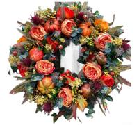 Corona de calabaza de cosecha de 40 cm, guirnalda de otoño de ratán de aspecto natural para borde de puerta, adorno colgante de otoño naranja vibrante (45 cm)