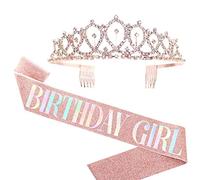 Corona de cumpleaños, corona de banda de cumpleaños de colores con diadema Juego de bandas para desfile FELIZ liviano Agregue ambiente Suministros de fiesta de reina para fiesta, (Rosy Gold)