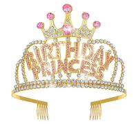 Corona de cumpleaños para mujer, corona de princesa dorada con peines para niñas, tiara de diamantes de imitación, decoración de feliz cumpleaños, accesorios dorados