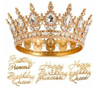 Corona de Cumpleaños para Mujer y Niña, Tiara de Cristal Princesa Reina, Diadema Dorada para Tartas con 4 Cake Toppers Happy Birthday, Decoración Elegante para Fiestas y Bodas