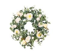 Corona de eucalipto Artificial de 16 Pulgadas con Camelia de Seda Blanca para Puerta Delantera, decoración de Pared para Boda, Primavera y Verano, Entrada del hogar