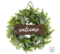 Corona de eucalipto Verde con Letrero de Bienvenida, Corona de eucalipto Artificial, Corona de Primavera y Verano con Bayas Blancas para Puerta Delantera, Pared, Ventana, Festival, Porche, Granja