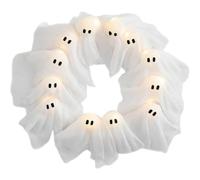 Corona de fantasmas iluminada, corona de fantasmas de Halloween, decoración de Halloween alimentada por pilas, con 12 luces LED blancas, para interiores y exteriores, puerta delantera, pared o fiesta