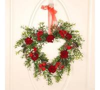 Corona de flores artificiales en forma de corazón con rosas de seda para San Valentín, boda, decoración del hogar de primavera (30 cm, rojo)