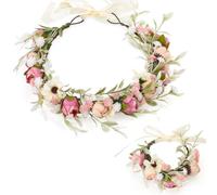 Corona de flores, corona para la cabeza, rosa nupcial accesorios para el pelo con juego de pulseras, diademas florales, guirnalda para el pelo, cinta para la cabeza de flores, cinturón ajustable