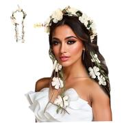 Corona de Flores Nupcial, Corona de Flores, Elegante Diadema de Guirnalda Bohemia con Ratán Ajustable, Accesorios para el Cabello para Festivales, Bodas, Fiestas, Playa, Instantánea, Blanco