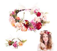 Corona de flores para el pelo, juego de accesorios para el pelo, diadema de flores para mujer, corona de flores ajustable y pulsera, diadema ajustable para boda, fiesta, boho carnaval