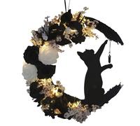 Corona de Halloween Genérica Moon Cat - Dimensiones 35 X 25 Cm, Material PP Ligero 140 G, No requiere mantenimiento | Arreglo Floral Felino Celestial Entrada Party Favor Spooky Home Escultura Estética