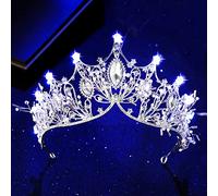 Corona de joyería para el Cabello para Mujer, Corona de Cristal Azul Claro, Perlas de Diamantes de imitación, Adornos para la Cabeza de Boda, Coronas de Reina Luminosas Vintage para Fiesta de