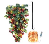 Corona de lágrima artificial de Navidad con aguja de pino de imitación, cono de pino, bayas rojas, luces de hadas blancas cálidas, luces LED en forma de S, gancho en forma de S para decoración de