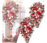 Corona de lágrima de bastón de caramelo de Navidad, con bolas de adorno de lazo, bastón de caramelo, lazo grande rojo blanco festivo colgante de Navidad, para puerta delantera, porche, interior