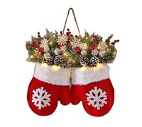 Corona de Navidad brillante con manoplas, guirnalda navideña con manoplas y luces LED, coronas navideñas iluminadas con ramas de pino artificiales, bayas rojas y piñas heladas